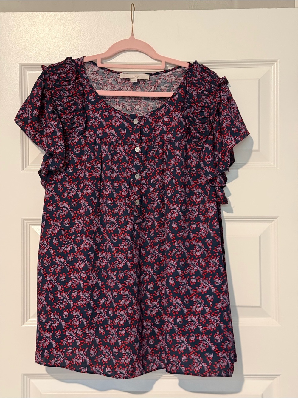 Loft Navy and Red Floral Ruffle Sleeve Button Front Blouse